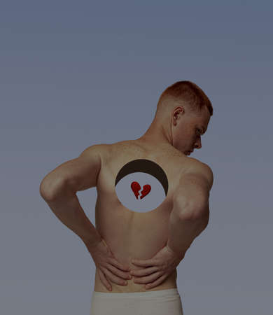 Contemporary art collage. Conceptual image with young man having hole inside body with broken heart...