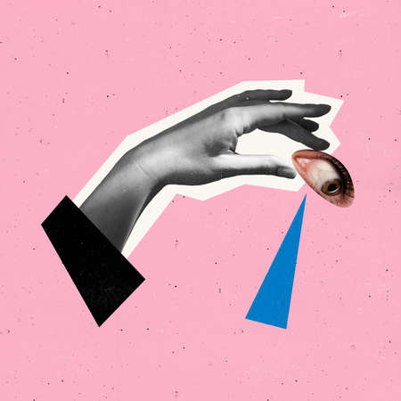 Contemporary art collage. Conceptual image with female eye and tear falling down isolated over pink background. Concept of creativity, surrealism, imagination, emotions. Copy space for adの写真素材