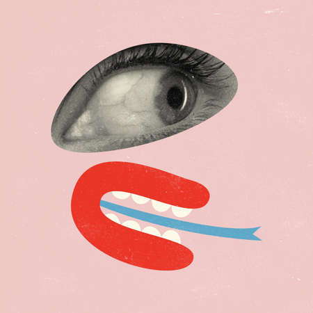 Contemporary art collage. Conceptual image with female eye and drawing talking mouth isolated over...