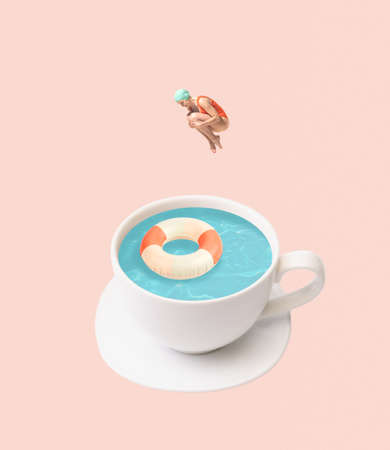 Contemporary art collage. Young girl in swimming cap jumping into swimming pool cup isolated on...