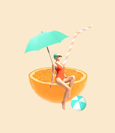 Contemporary artwork. Young woman in stylish swimming suit and sunglasses sitting on orange under beach umbrella. Concept of summer, mood, creativity, imagiation, party, fun. Copy space for ad, posterの写真素材