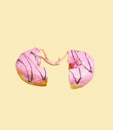 Contemporary artwork. Colorful design with woman in swimming suit between donut isolated over yellow background. Concept of summer, mood, creativity, imagiation, party, fun. Copy space for ad, posterの写真素材