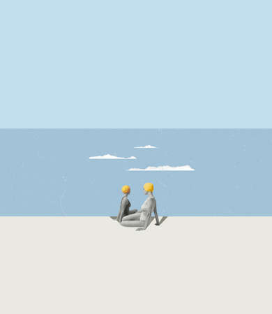 Contemporary art collage. Two women in yellow swimming cap sitting on beach near wavy sea. Summertime hobby. Concept of summer, mood, creativity, imagiation, party, fun. Copy space for ad, posterの写真素材