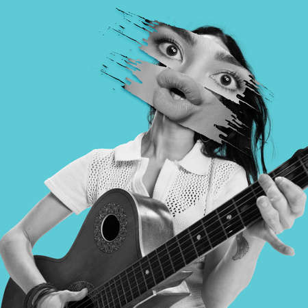 Contemporary art collage. Cheerful young girl with different face parts element playing guitar...