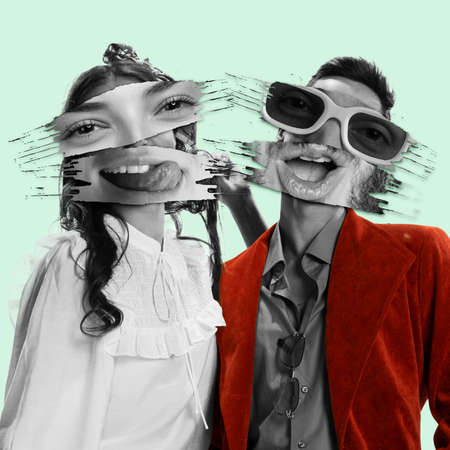 Contemporary art collage. Stylish young man and woman with funny face part elements isolated on...