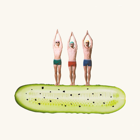 Contemporary art collage. Creative design. Three man in swimming suit standing on cucumber and preparing to dive. Concept of summer, holiday, creativity, fun, retro style. Copy space for ad, posterの写真素材