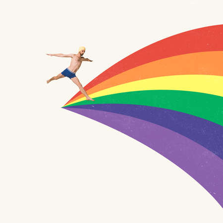 Contemporary art collage. Creative design with man in swimming cap running on umbrella. Concept of summer, holiday, creativity, fun, retro style, fashion. Copy space for ad, posterの写真素材