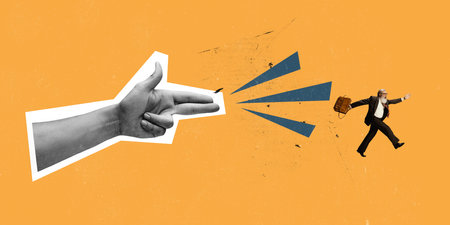 Contemporary art collage. Conceptual image with senior businessman running from managers control isolated over yellow background. Concept of business, career development, success, creativityの写真素材