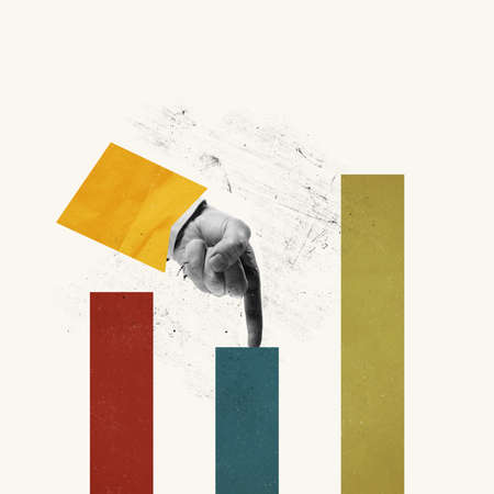 Contemporary art collage. Conceptual image with male hand pointing at analytic graph. Business analytics, professional growth. Concept of business, career development, success, creativityの写真素材