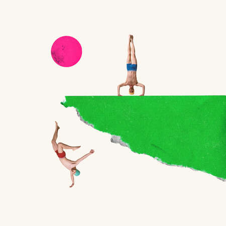 Contemporary art collage. Creative design. Two sportive man in swimming cap jumping from cliff. Swimming. Concept of summer, mood, creativity, imagiation, party, fun. Copy space for ad, posterの写真素材