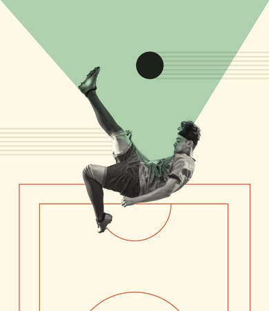 Contemporary art collage. Creative design with young man, football player in motion, kicking ball and falling. WInning goal. Concept of creativity, action, energy, sport, competition and ad. Posterの写真素材