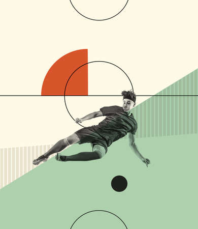 Contemporary art collage. Creative design with young man, football player in motion, training. Concentration to win. Concept of creativity, action, energy, sport, competition and ad. Poster, flyerの写真素材