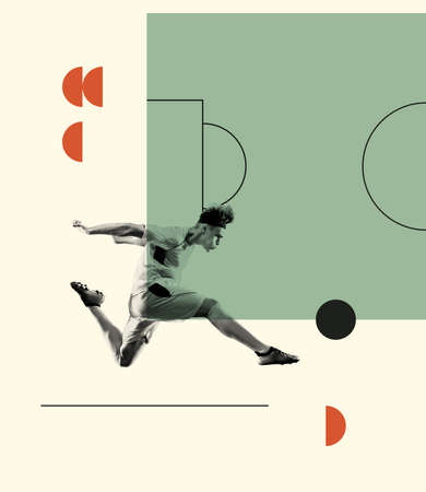 Contemporary art collage. Creative design with young man, football player in motion, training. Ball dribbling . Concept of creativity, action, energy, sport, competition and ad. Poster, flyerの写真素材