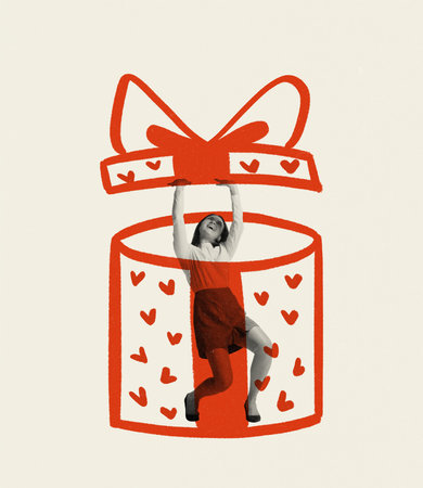 Contemporary art collage. Creative design. Woman trying to open heavy present box. Concept of creativity, Christmas, New Year, holiday, celebration, winter. Copy space for adの写真素材