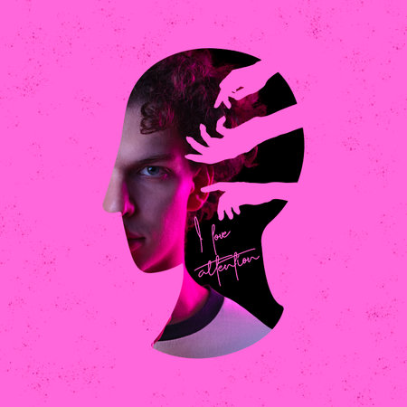 Contemporary artwork. Conceptual image. Head silhouette hiding young man with addiction to attraction. Need of attention. Concept of inner world, psycholody, addiction, emotions, diversity. Poster, adの写真素材