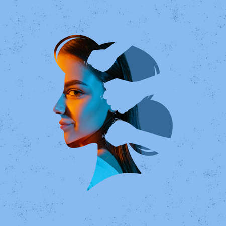 Contemporary artwork. Conceptual image. Female head silhouette hiding young girl. Social influence...
