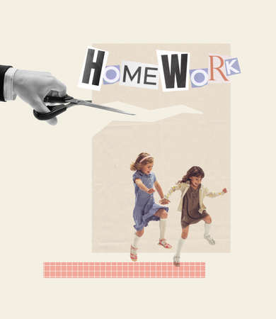 Contemporary art collage. Playful little girls, children running away from doing homework. Laziness. Concept of childhood, education, creativity, study, homework. Retro style. Poster and adの写真素材