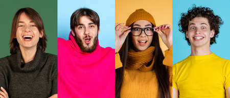 Collage. Portraits of young cheerful people posing isolated over multicolored background. Happy lifestyle of students. Concept of emotions, facial expression, feelings, fashion, beauty, adの写真素材