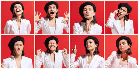 Collage. Portraits of beautiful, emotive, young woman in black beret and white jacket posing isolated on red background. Parisian. Concept of emotions, facial expression, feelings, fashion, beauty, adの写真素材