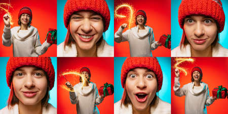 Collage. Cheerful, young woman in winter knitted hat with lights posing isolated on multicolored background. Happy New Year, Merry Christmas. Concept of emotions, facial expression, holidays, winterの写真素材