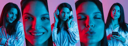 Collage. Portraits of young beautiful woman posing, showing pleasant emotions, listening to music...