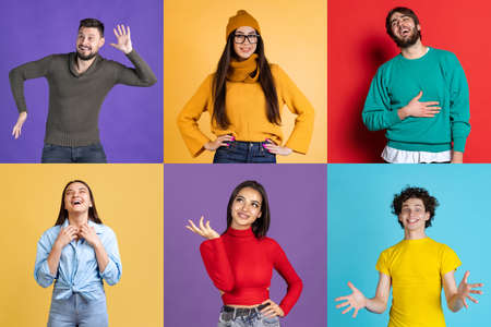 Collage. Portraits of young cheerful people posing isolated over multicolored background. Showing positive emotions. Concept of emotions, facial expression, feelings, fashion, beauty, adの写真素材