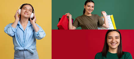 Collage. Portrait of cheerful young woman listening to music in headphones, going shopping, posing isolated over multicolored background. Concept of emotions, facial expression, fashion, beauty, adの写真素材