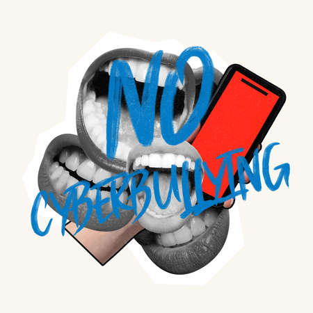 Contemporary art collage. Conceptual image. Female mouths shouting about social problem of cyberbullying. Concept of social problems, psychology, bullying, cyberbullying, depression, abuse. Poster, adの写真素材