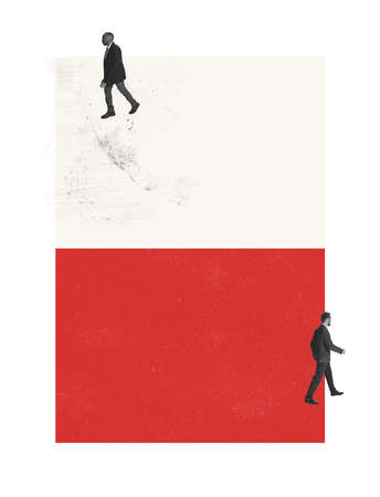 Contemporary art collage. Two businessmen walking opposite direction, professional competition....