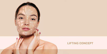 Portrait of young woman with perfect skin isolated on beige background. Cosmetology treatment. Plastic surgery. Cosmetological injections. Lifting effect. Anti-wrinkles care. Beauty, skincare conceptの写真素材