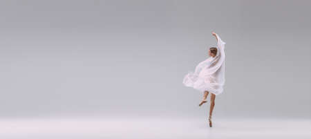 Portrait of young ballerina dancing covered with white transparent fabric isolated over grey studio background. Classic movements. Concept of classic ballet, inspiration, beauty, dance, creativityの写真素材