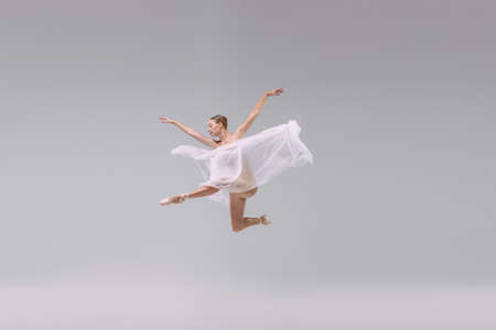 Portrait of young ballerina dancing with transparent fabric isolated over grey studio background. Flying like butterfly. Concept of classic ballet, inspiration, beauty, dance, creativityの写真素材