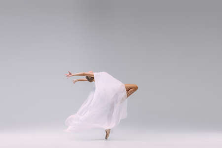 Portrait of young ballerina dancing with fabric isolated over grey studio background. Fully covered with transparent cloth. Concept of classic ballet, inspiration, beauty, dance, creativityの写真素材