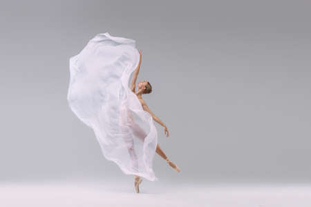 Portrait of young ballerina dancing with fabric isolated on grey studio background. Standing on tiptoe. Weightless transparent cloth. Concept of classic ballet, inspiration, beauty, dance, creativityの写真素材