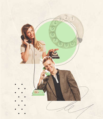 Contemporary art collage. Two cheerful people, young man and woman talking on phone with each other. Romantic talk. Concept of creativity, love, relationship. Retro style. Copy space for ad, posterの写真素材