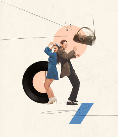 Contemporary art collage. Cheerful young people dancing at disco party, having fun. Retro style. Concept of fashion, vintage design, youth, fun, celebration. Copy space for ad, designの写真素材
