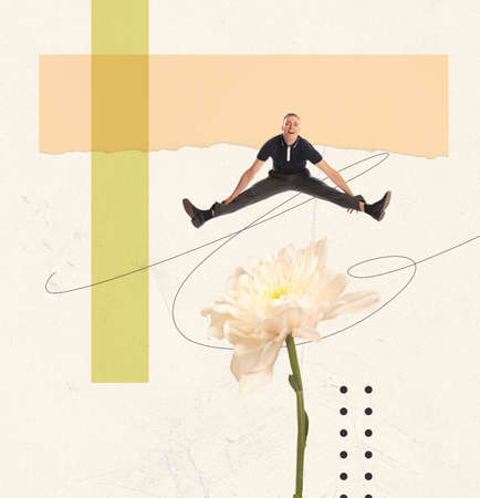 Contemporary art collage. Cheerful, stylish, young man jumping over flower. Vintage design. Looks happy and delightful. Concept of creativity, retro style, imagination. copy space for ad, posterの写真素材