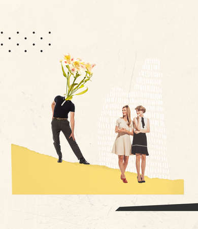 Contemporary art collage. Stylish young man with flower head meeting with beautiful young girls. Retro, vintage style. Concept of creativity, relationship, communication. Copy space for ad, posterの写真素材