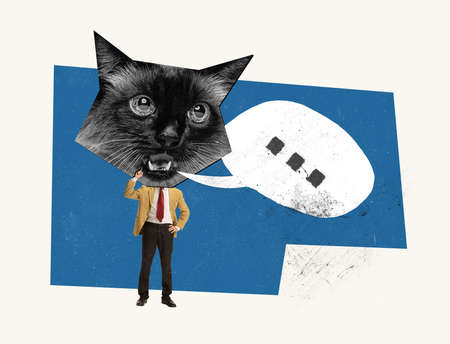 Contemporary artwork. Businessman with big cats muzzle head conducting conversation. Business communication. Business, career development, success, negotiations, cooperation, strategy and ad conceptの写真素材