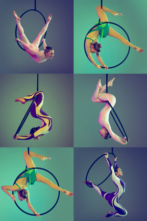 Collage. Two young flexible girls, professional air gymnasts training on hoop and ribbons isolated over multicolored background in neon light. Concept of sport, action, lifestyle, beauty, hobby.の写真素材