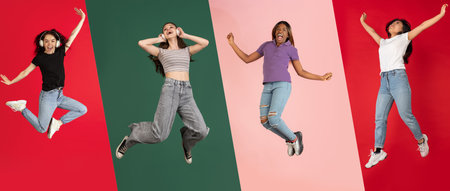 Collage. Group of young people, girls, students jumping in joy isolated over multicolored background. Student lifestyle. Fun. Concept of emotions, facial expression, feelings, fashion, beautyの写真素材