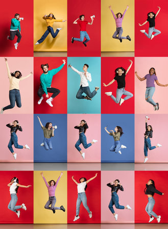 Collage. Group of young people, man and woman, cheerfully jumping, posing isolated over multicolored...