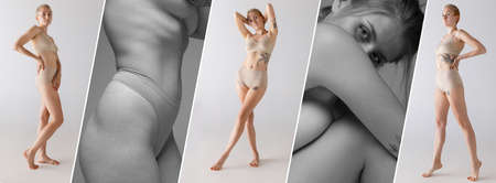 Collage. Colorful, black and white images of young beautiful women posing in underwear. Tenderness and femininity. Concept of beauty, body and skin care, health, spa, cosmetics, adの写真素材