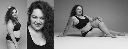 Black and white photography. Portrait of plump woman with dark curly hair posing in underwear. Body-positivity and self-love. Concept of beauty, body and skin care, health, spa, cosmetics, adの写真素材