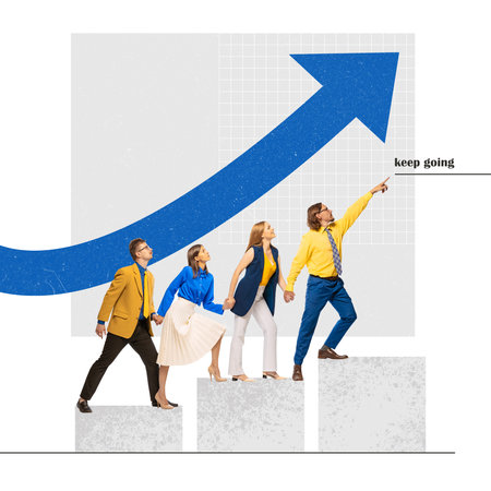 Contemporary art collage. Group of colleagues, employees mowing forward to success, stepping ladder of professional growth. Concept of business, promotion, teamwork, ambitions. Growing arrow symbolの写真素材
