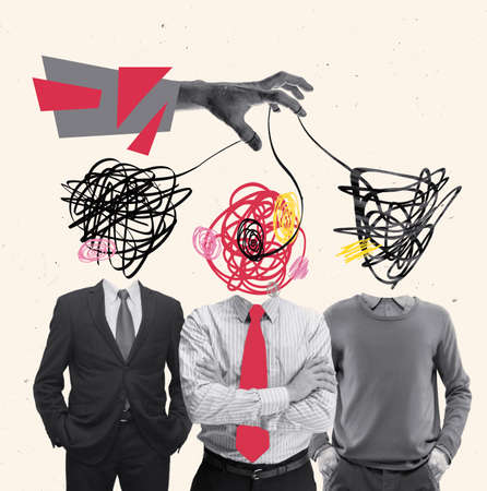 Collage. Contemporary artwork. Three man in official clothes with tangled head being controlled by hand. Professional manipulation. Concept of business, psychology, brainstorming, difficultiesの写真素材