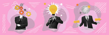 Contemporary art collage. Creative design. Businessman with tangled head generating new business...