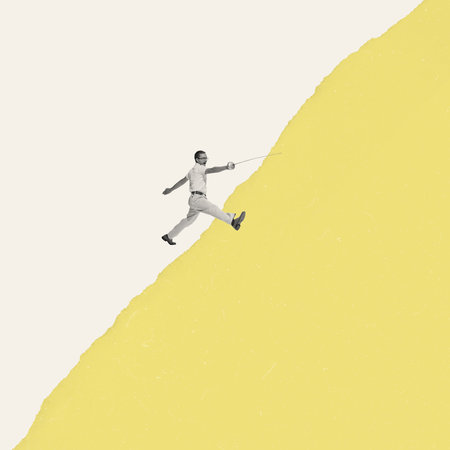 Contemporary art collage. Stylish emotive man stepping with sword, ready to fight. Emotions, facial expression. Concept of imagination, retro style, mood, creativity, fun. Copy space for ad, posterの写真素材