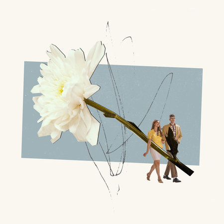 Contemporary art collage. Creative design. Young stylish couple walking on a date. Flower element. Romantic. Retro design. Concept of vintage, old-fashion , relationship, creativity. Copy space for adの写真素材