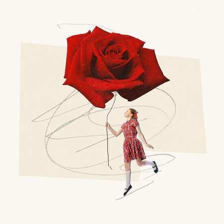 Contemporary art collage. Creative design. Beautiful girl in checkered dress holding giant rose flower. Retro design. Concept of childhood, retro fasion, vintage, creativity. Copy space for adの写真素材